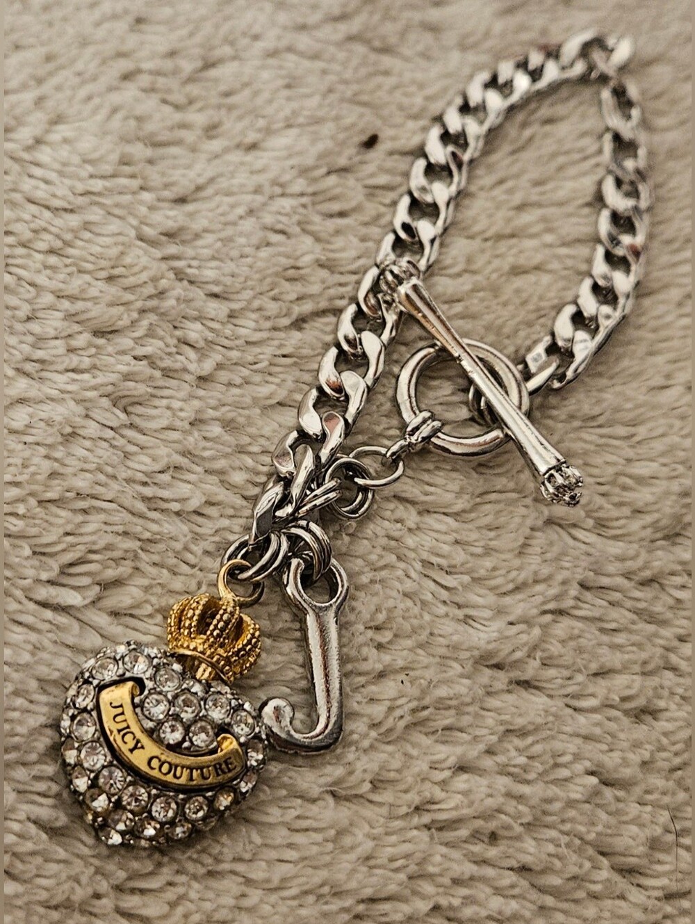 NEW Juicy Couture Pavé Diamond Gold Crown Heart Toggle Multi Charm Bracelet 8"
